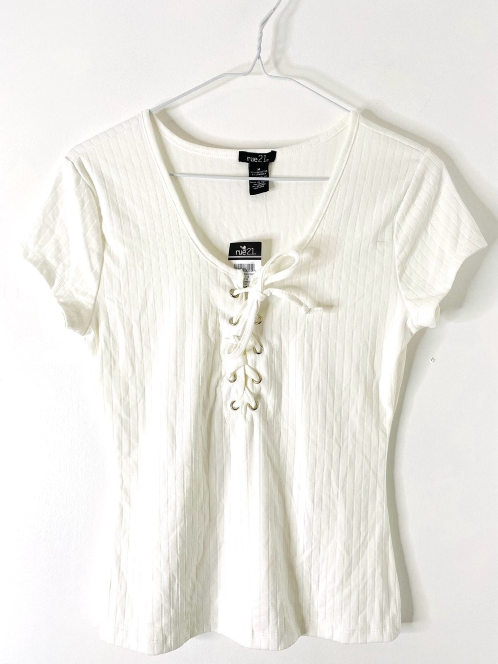 Rue21 NWT Ivory Ribbed Lace Up Top Short Sleeve Stretch Tee